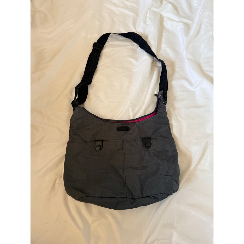 Baggallini Charcoal Gray Nylon Crossbody Bag Pink Lining Hobo Shoulder Bag
